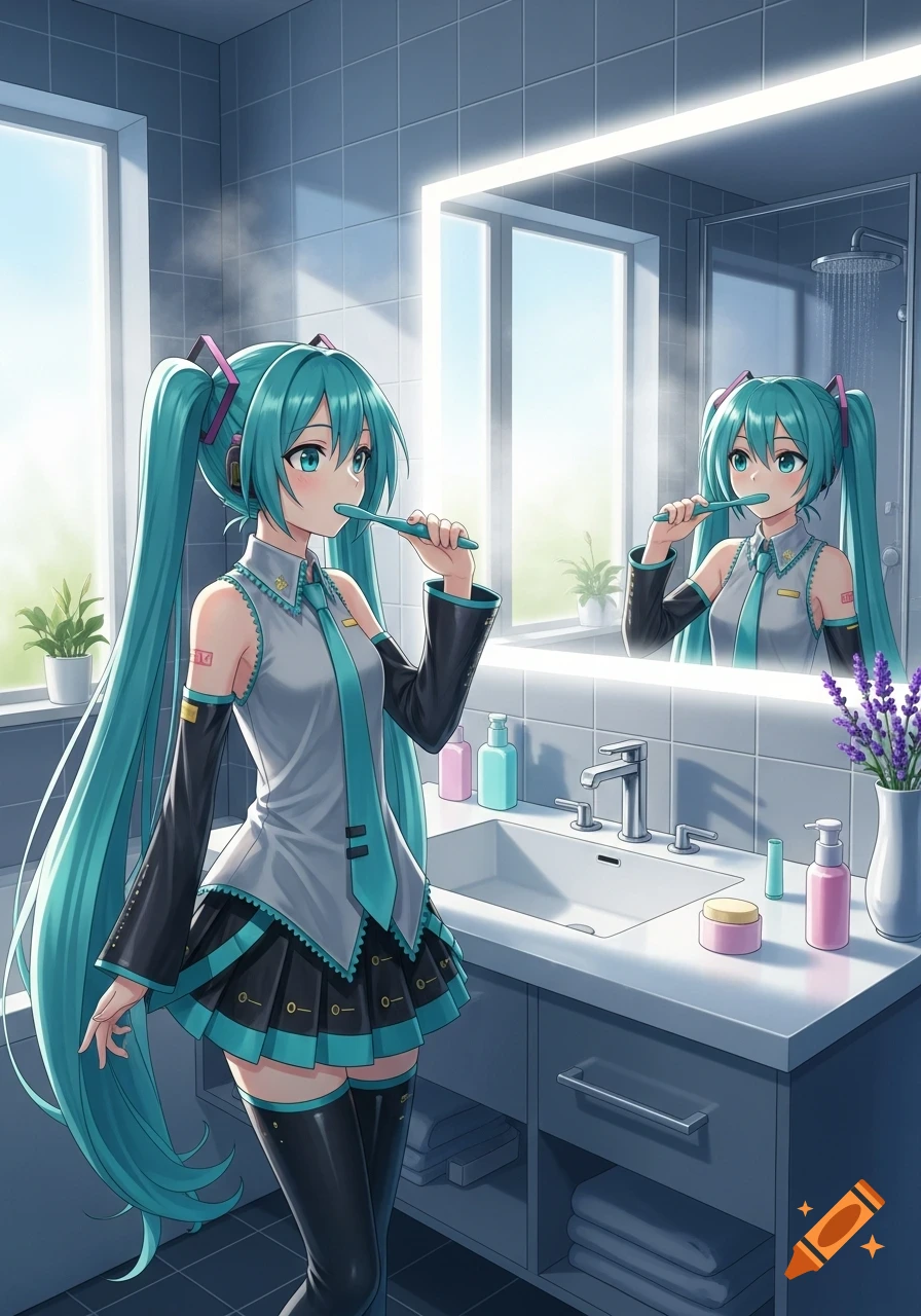 Anime-style Hatsune Miku brushing her teeth in a modern bathroom, looking at her reflection in the mirror over the sink.