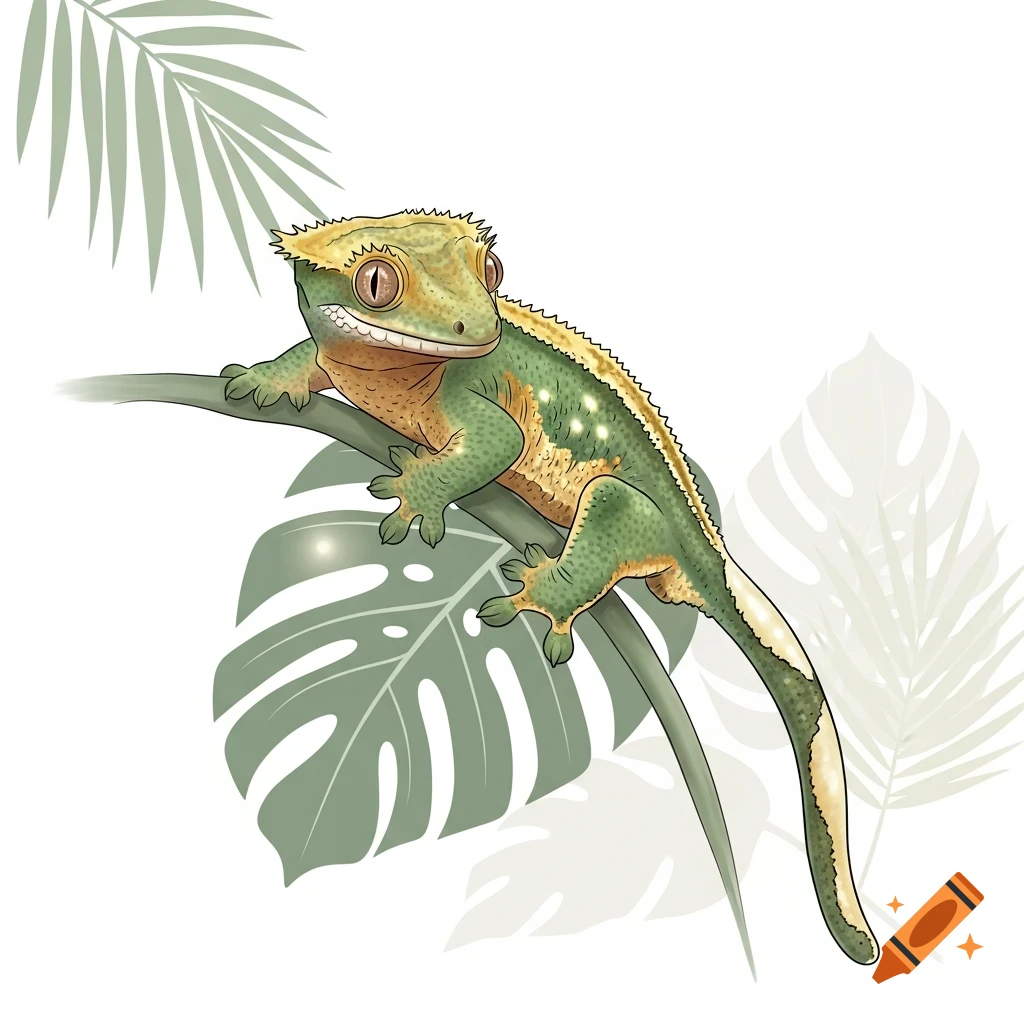 An illustration of a green and yellow crested gecko perched on a branch, with light green tropical leaves in the background.
