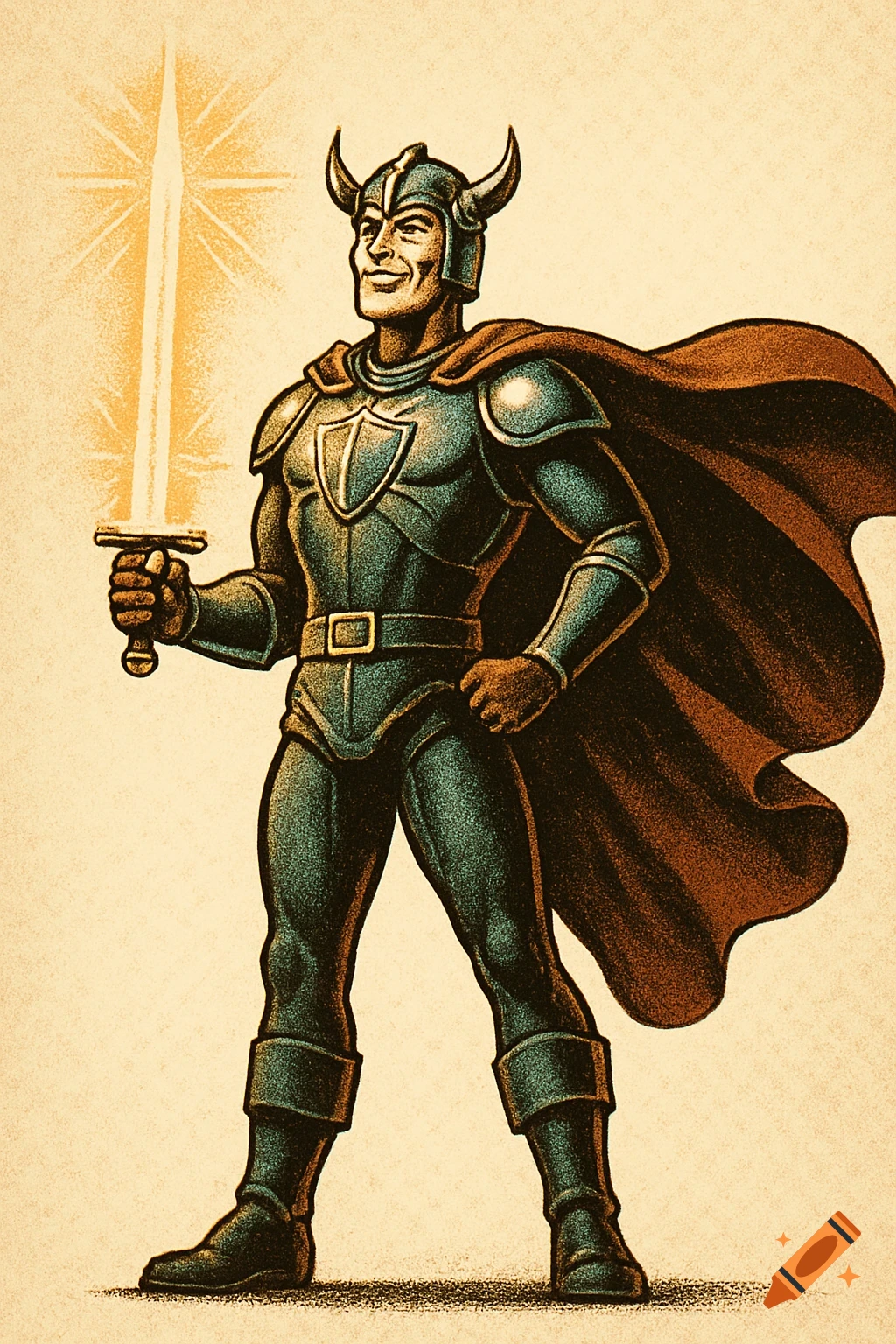 A smiling warrior in blue and green armor, helmet with horns, and a red cape holds a glowing sword in a retro comic book style.