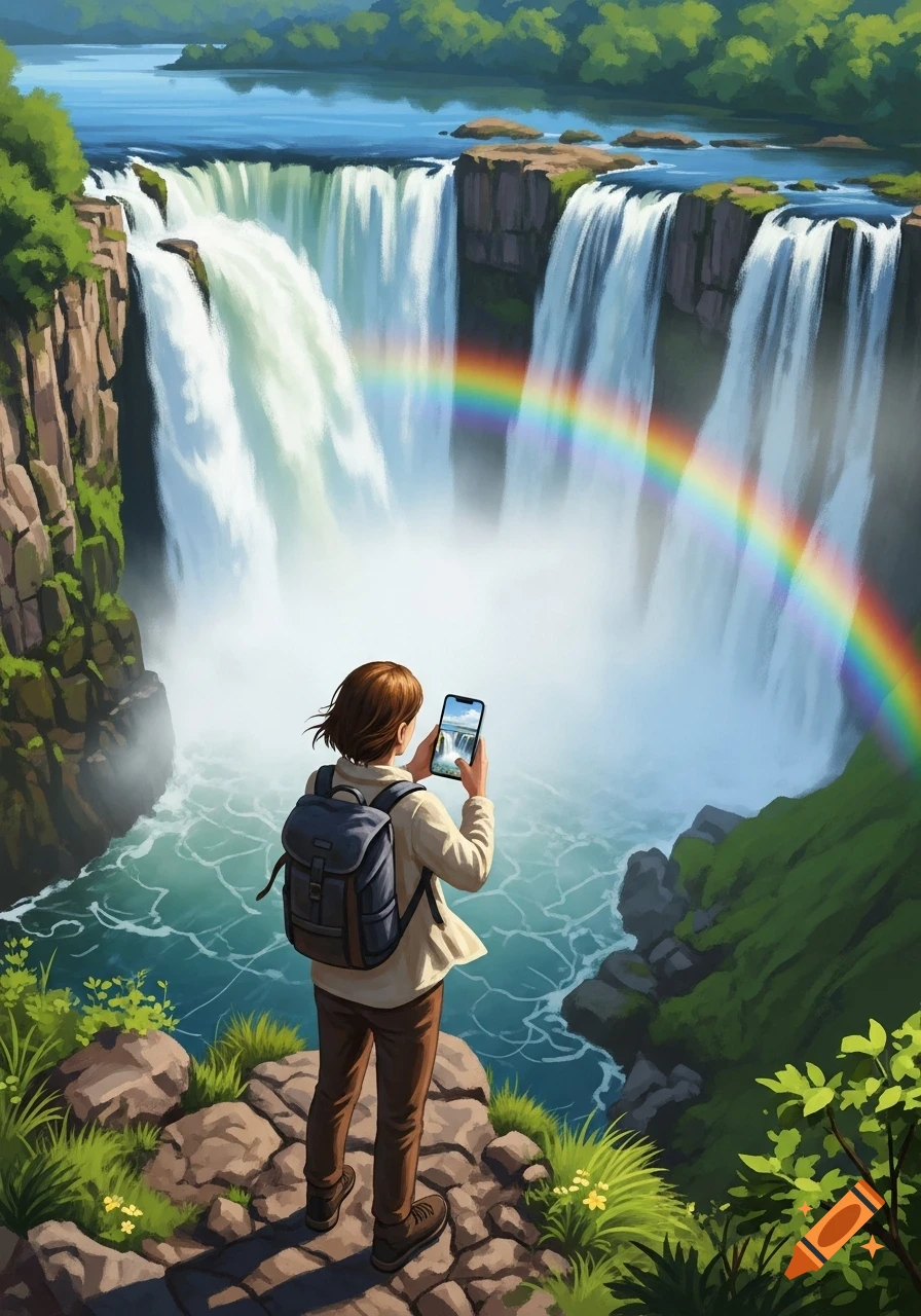 Illustrative scene of a person with a backpack taking a smartphone photo of a grand waterfall with a vibrant rainbow.