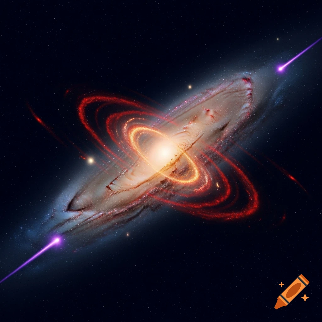 A vibrant galaxy with spiral arms, a luminous core, glowing red and orange rings, and violet jets against a starry dark-blue space.