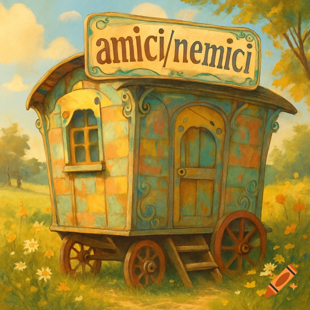 A vibrant, ornate caravan with a 'amici/nemici' sign in a sunny, flower-filled field under a blue sky, in a painterly style.