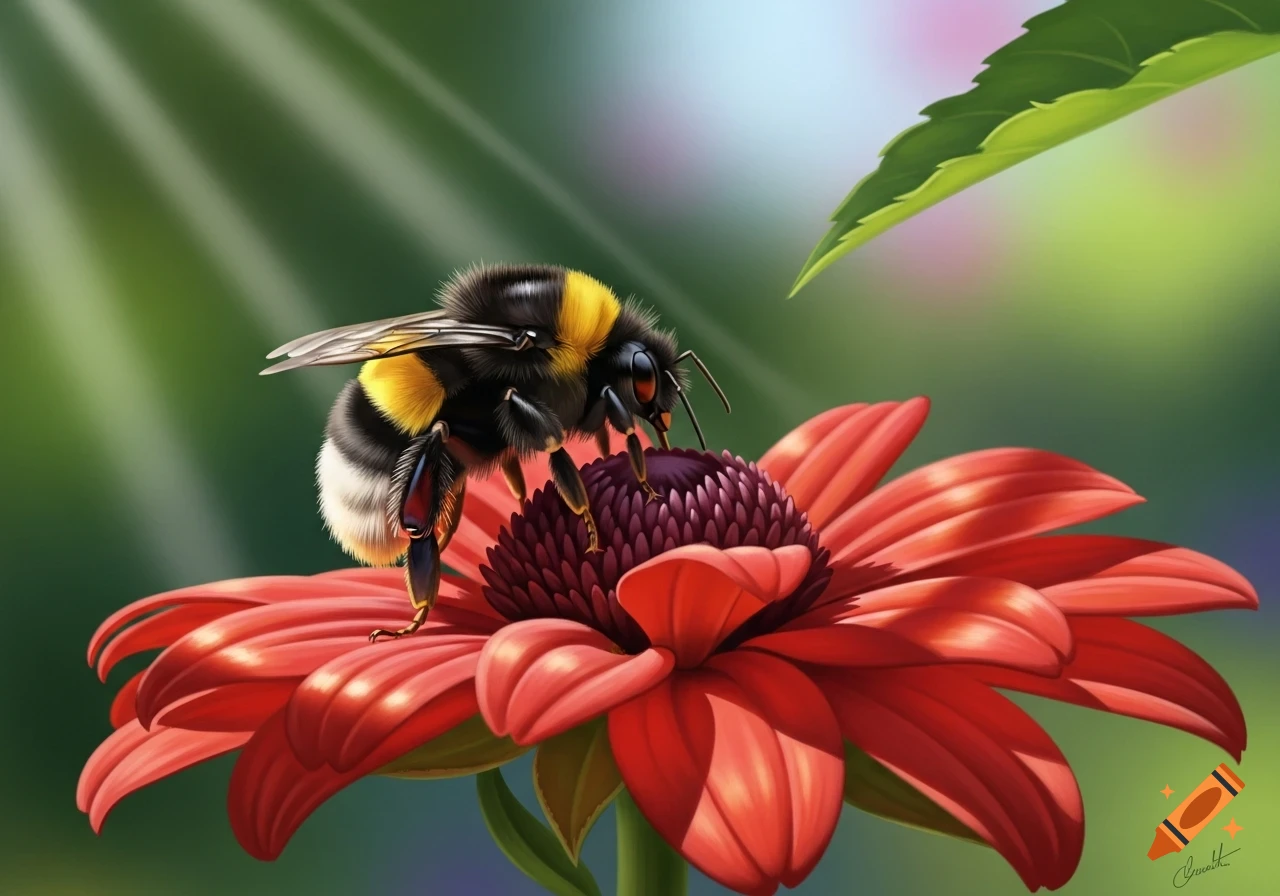 A fuzzy bumblebee with yellow and black stripes rests on a vibrant red flower, under soft sunlight, with a blurred green background, in an illustrative style.