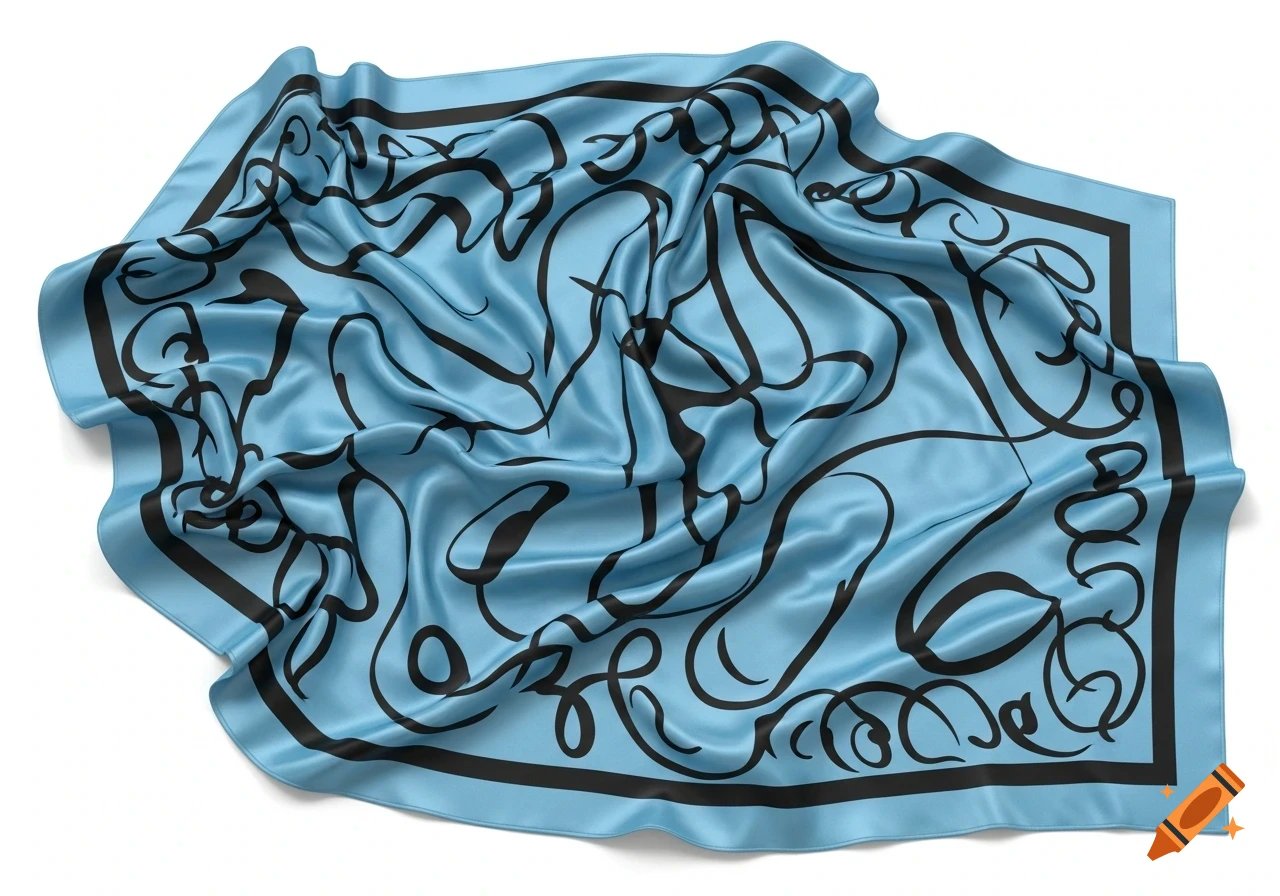 A sky blue satin scarf with a black abstract, calligraphic pattern, artfully folded on a white background.