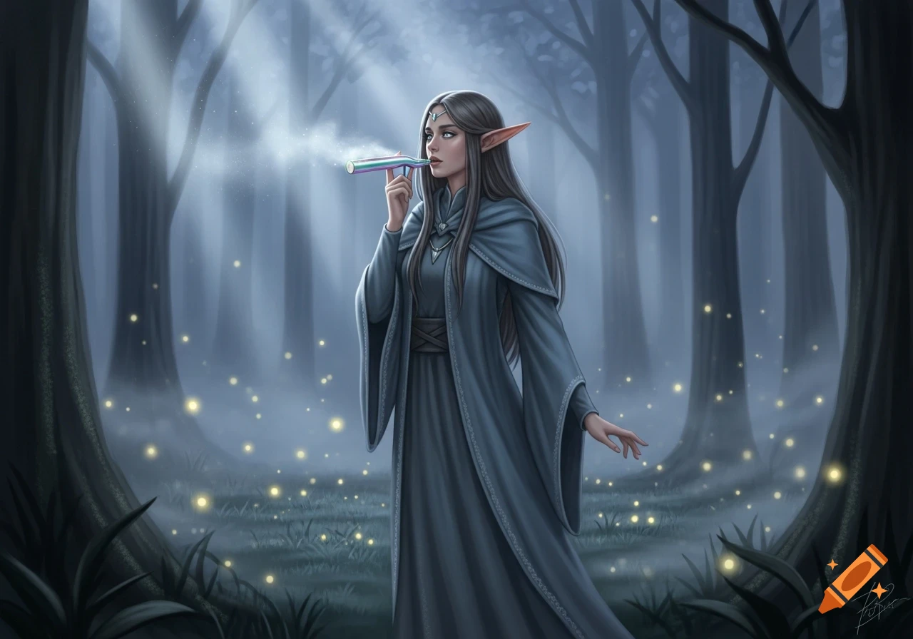 A female elf with long dark hair and pointed ears, wearing a gray robe, uses a rainbow-colored inhaler in a misty, magical forest with glowing lights.