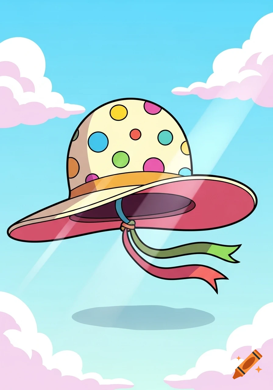 A cartoon sun hat with colorful polka dots and ribbons floats in a blue sky with pink clouds.