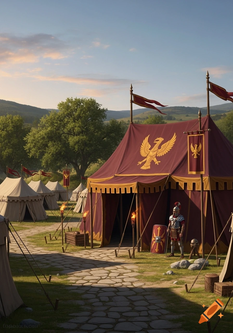 A Roman military camp with a large, ornate general's tent featuring an eagle emblem, and a Roman soldier standing guard in a scenic, photorealistic setting.