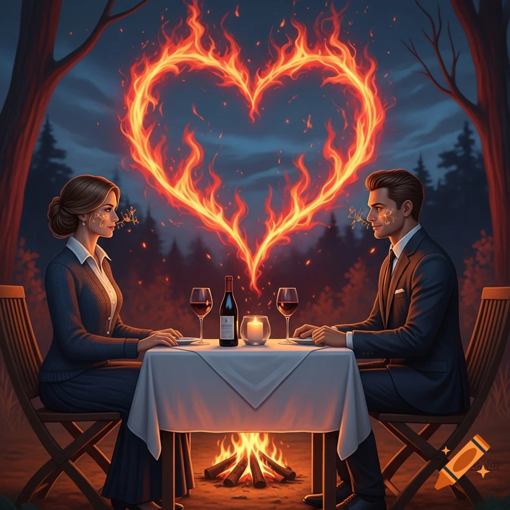A man and a woman in formal attire are on a romantic dinner date outdoors at night, with a bonfire and a large heart-shaped flame in the background.