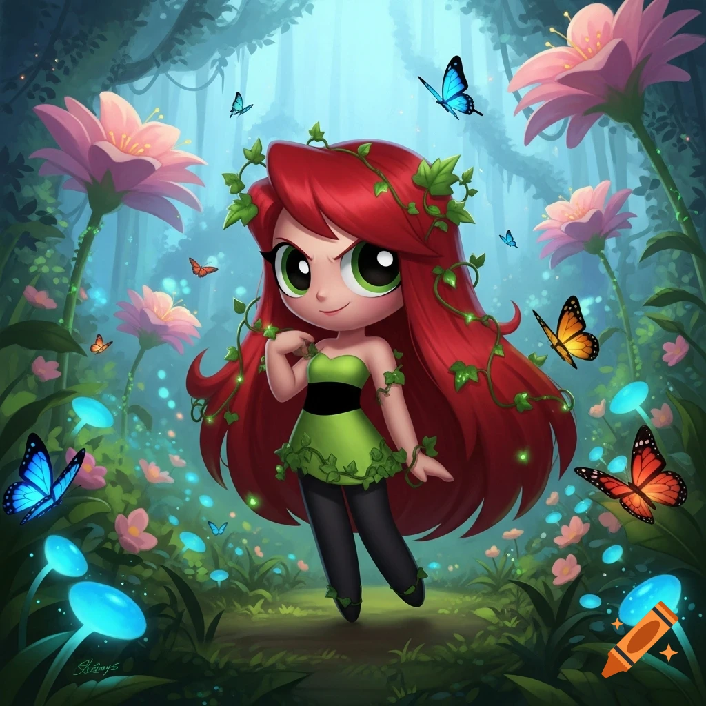 A chibi-style character with red hair and green eyes, resembling Poison Ivy, in a green dress adorned with vines, floats in a magical forest with glowing mushrooms and colorful butterflies.