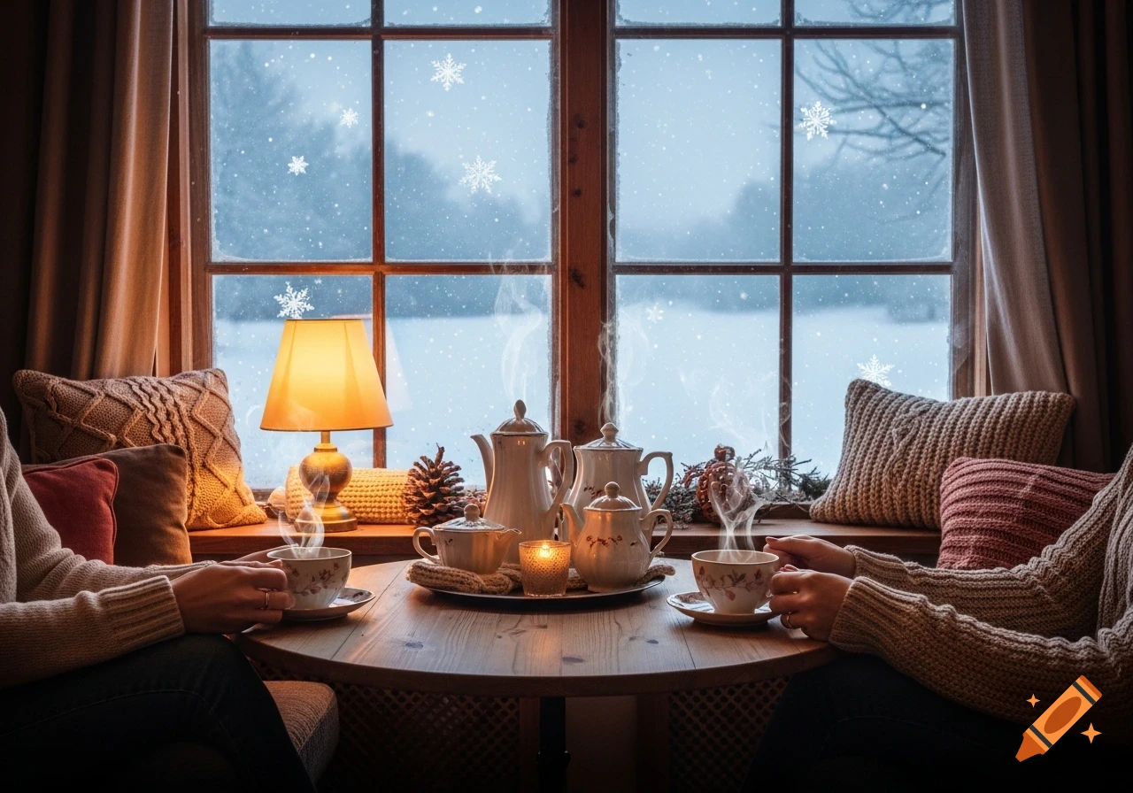 Photorealistic image of two people enjoying hot tea in a cozy room, looking out a window at falling snow.