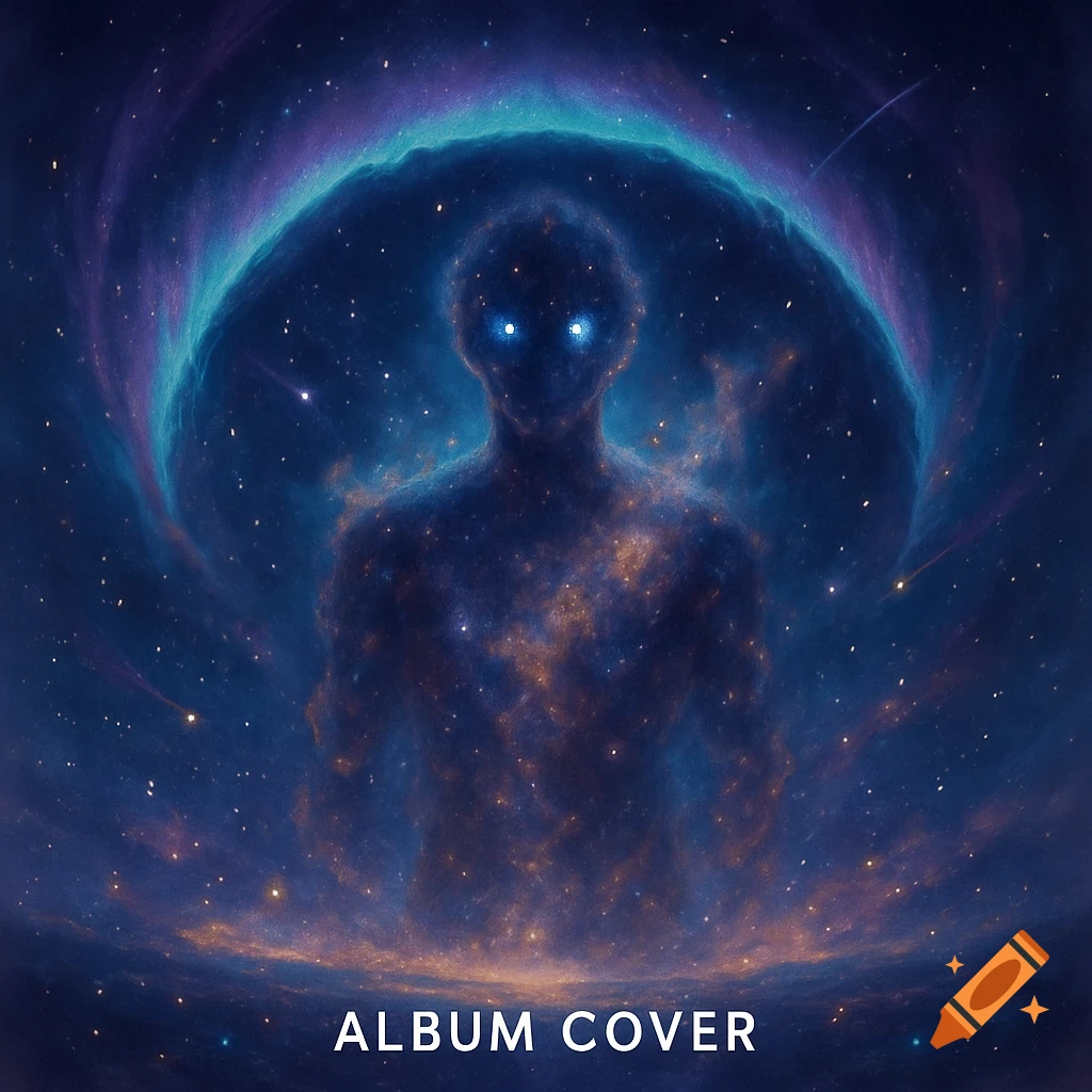 An ethereal, cosmic humanoid figure with glowing eyes against a backdrop of blue and purple nebulae and stars, with 'ALBUM COVER' text below.