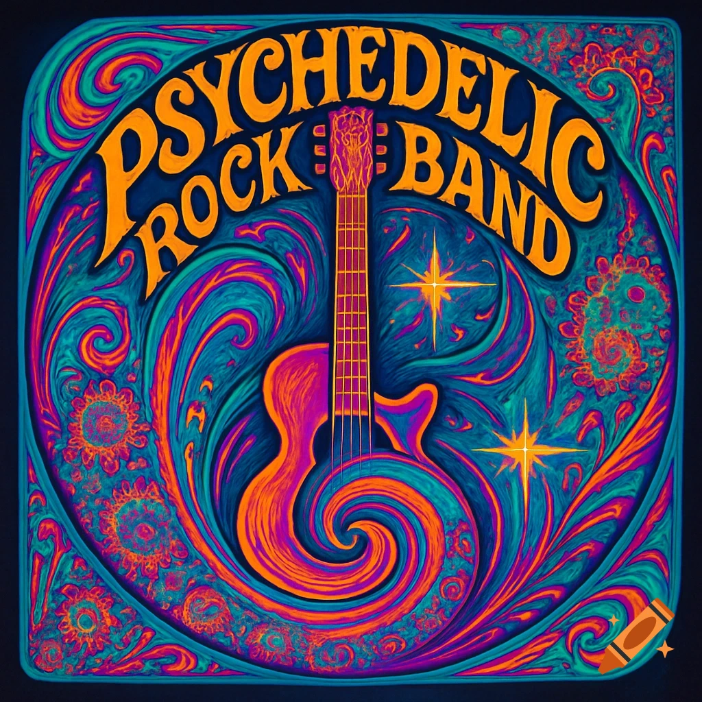 Vibrant psychedelic logo with a guitar surrounded by swirling orange, pink, and teal patterns, and "PSYCHEDELIC ROCK BAND" text.