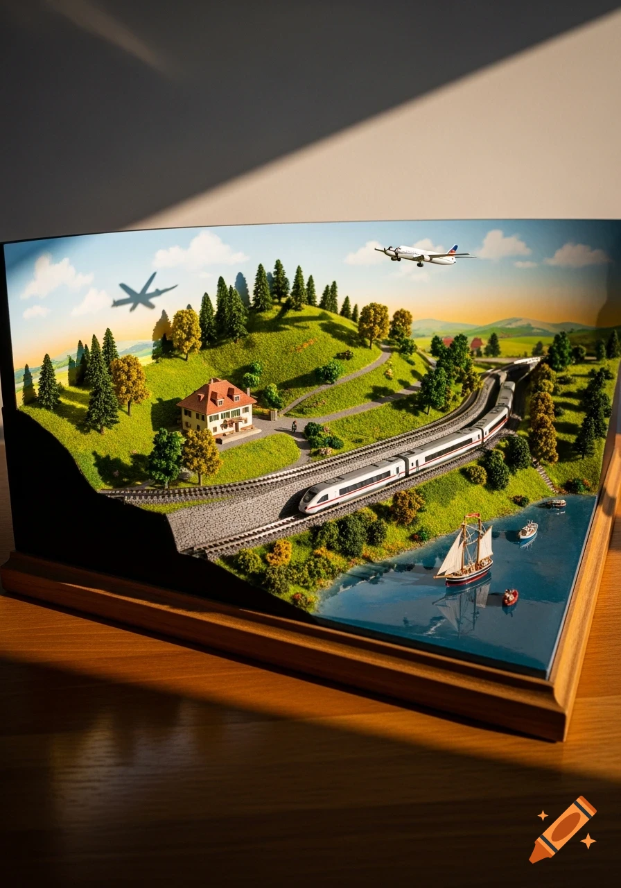 A detailed miniature diorama features a train, a plane with a shadow, a house, and boats on a lake in a green landscape.