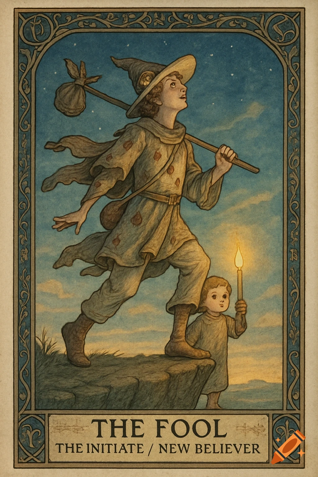 Tarot card of The Fool: a youthful figure with a staff and hat walks toward a cliff, a child with a candle behind.