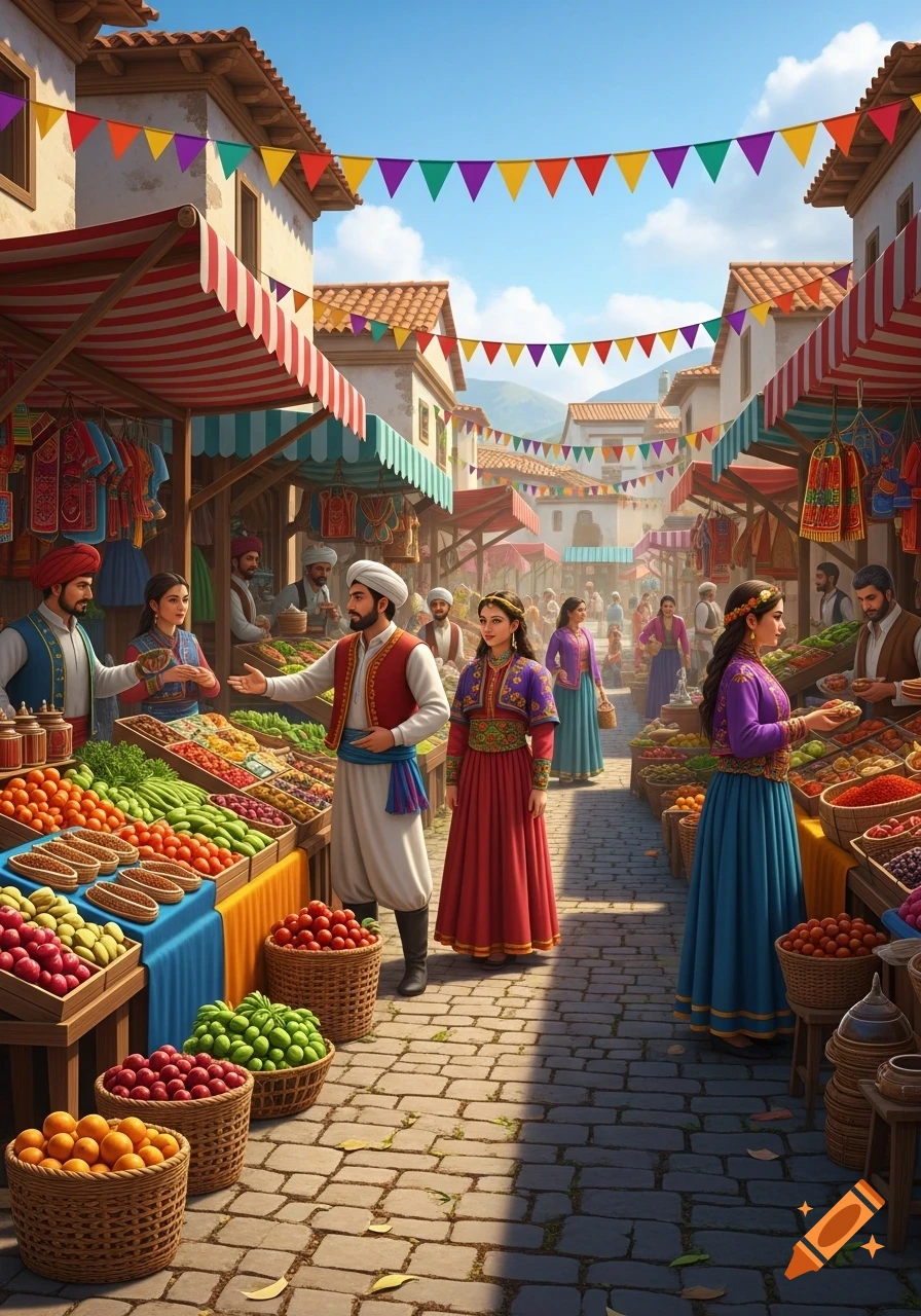 A vibrant market scene with people in traditional attire, colorful stalls of produce, and festive bunting overhead.