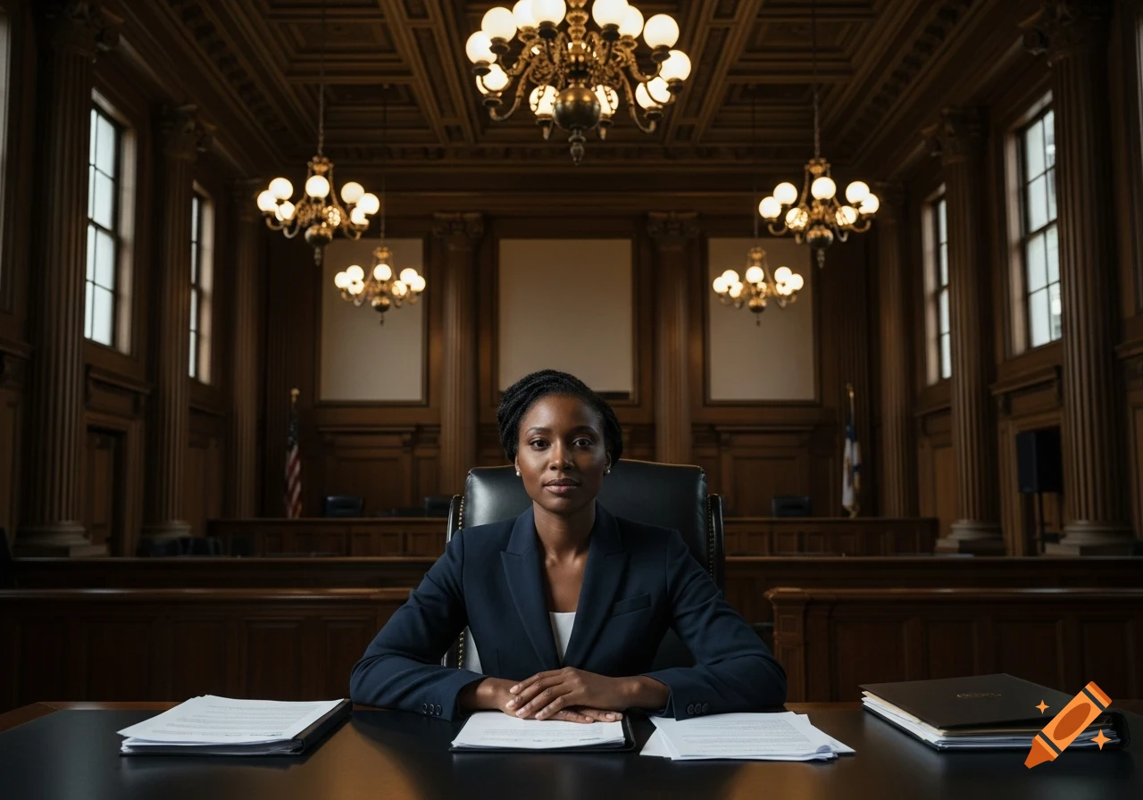 A serious African American woman in a navy suit sits at a dark wooden table in a grand, ornately decorated courtroom.
