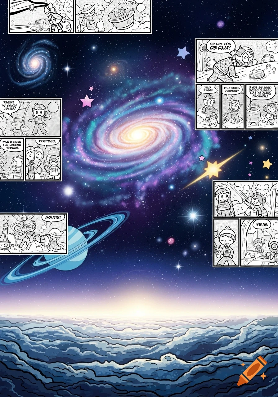 A vibrant galaxy and stars in space above clouds, with black and white comic panels featuring cartoon characters.