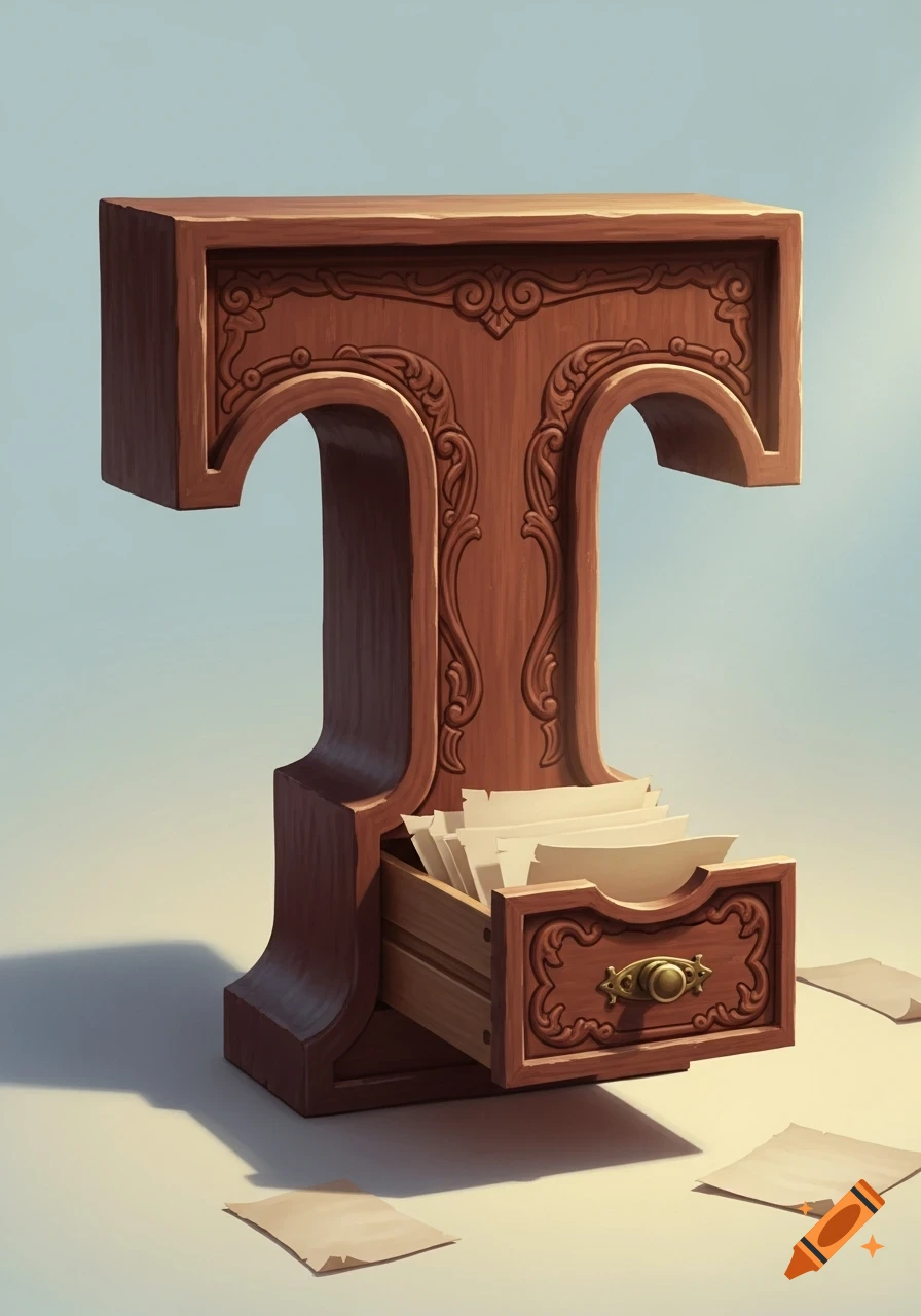 A decorative wooden cabinet shaped like the letter T, with an open drawer filled with papers and a few loose papers scattered around.