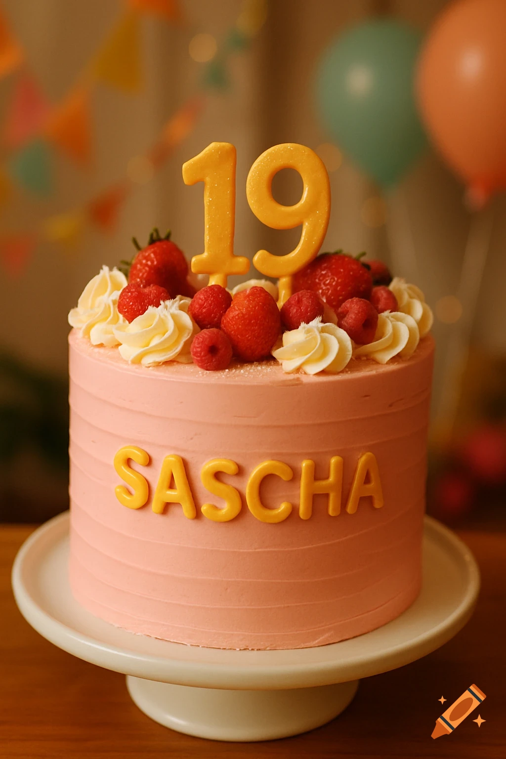 Pink birthday cake topped with '19', strawberries, raspberries, and white frosting. Yellow letters spelling 'SASCHA' adorn the side.