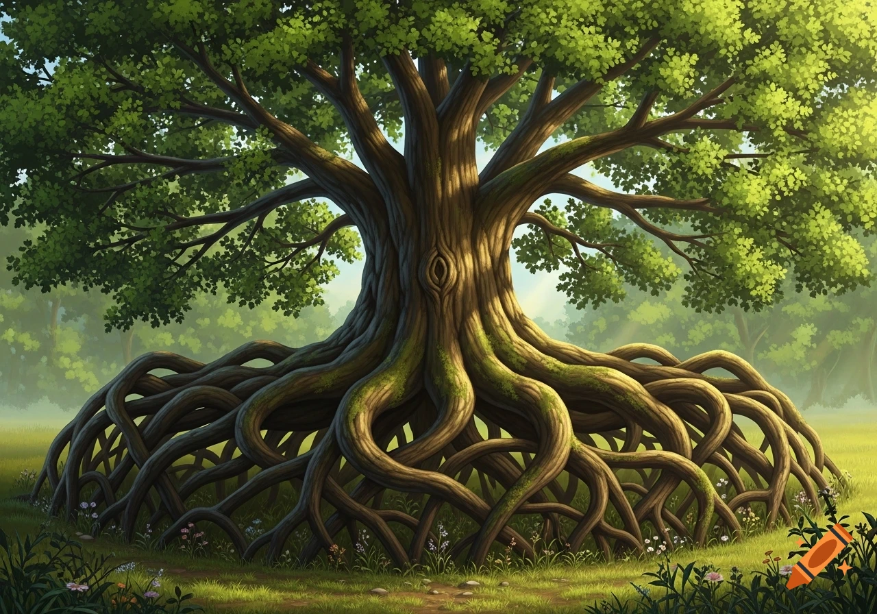 A vibrant illustration of a majestic oak tree with a thick trunk and massive, intertwining roots spreading across a green field.