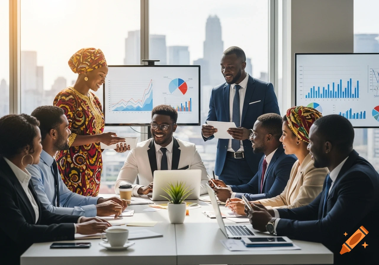 Diverse group of business professionals happily collaborating at a meeting table in a modern office with city views and charts on screens.
