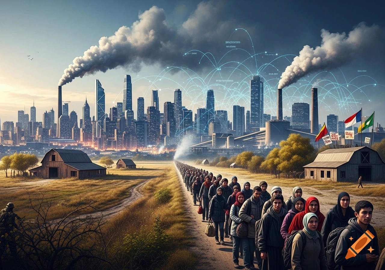 A long line of people walk on a dirt path towards a futuristic industrial city skyline with smoke stacks and glowing network lines. Farmland is on either side with barns and trees.