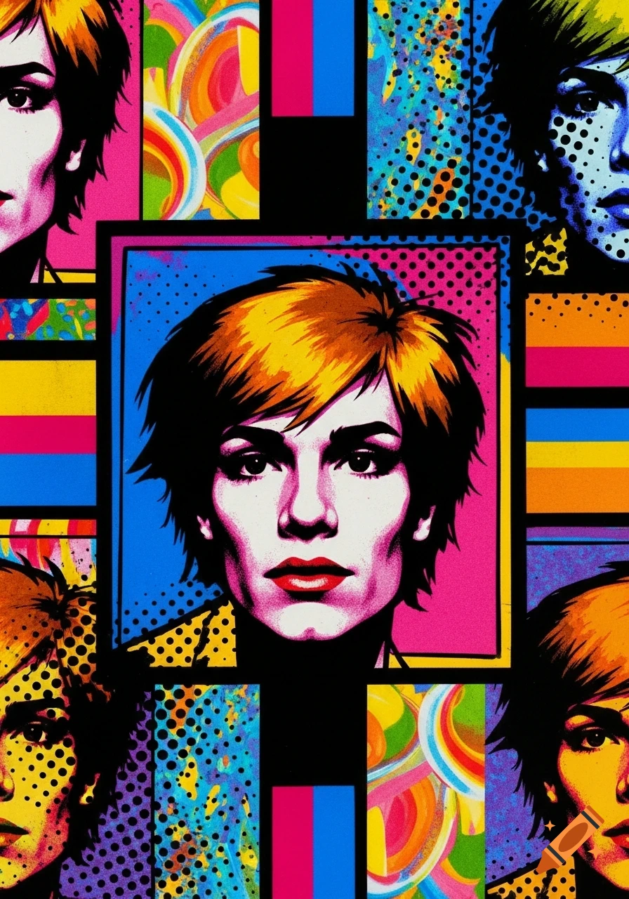 A vibrant pop art collage featuring multiple stylized portraits of a person with short hair, rendered in bold colors and halftone patterns.