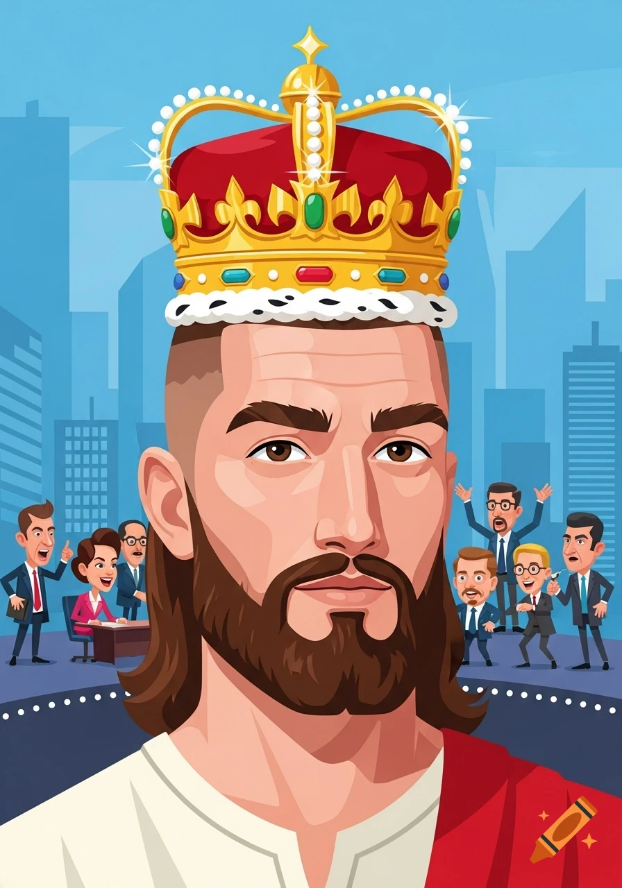 Cartoon illustration of Jesus wearing a gold crown, with a fade haircut and beard, surrounded by business people in a city.
