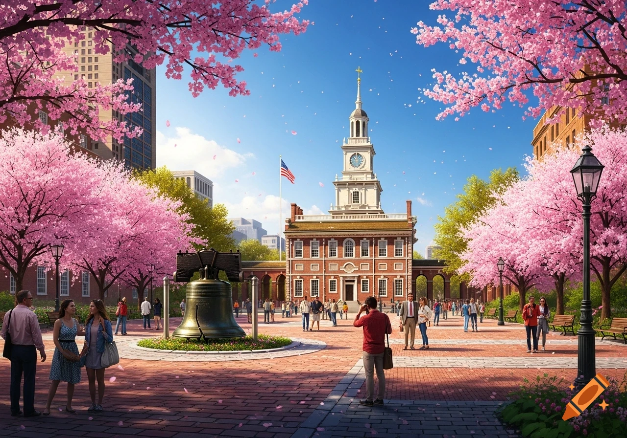 A stylized view of Independence Hall and the Liberty Bell in Philadelphia, surrounded by vibrant pink cherry blossom trees under a bright blue sky.