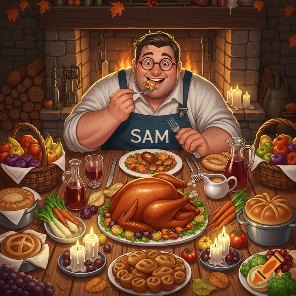 A portly man named Sam in an apron joyfully eats at a lavish Thanksgiving feast by a fireplace, in an illustrative style.