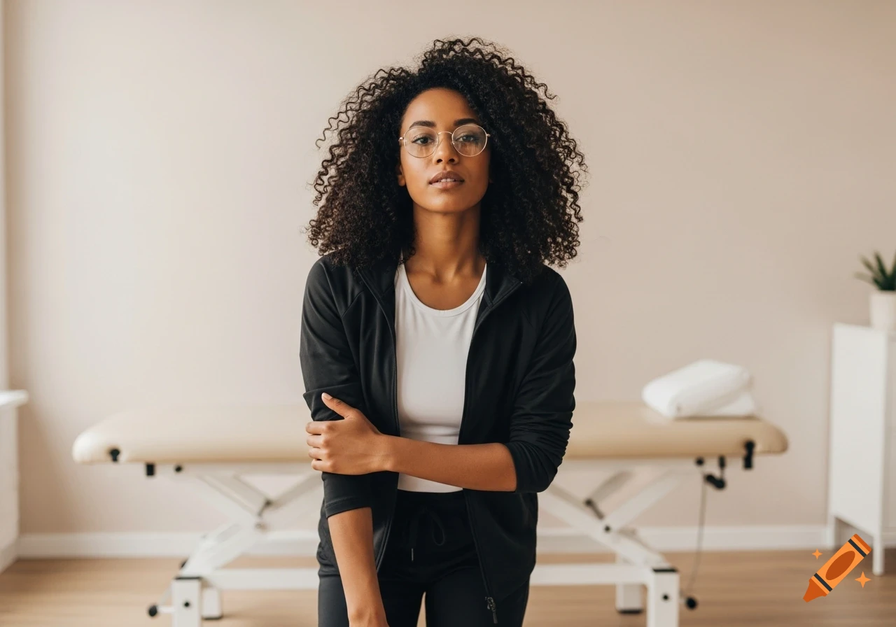 A woman with curly hair and glasses in athletic wear stands in a light-colored clinic with a treatment table.