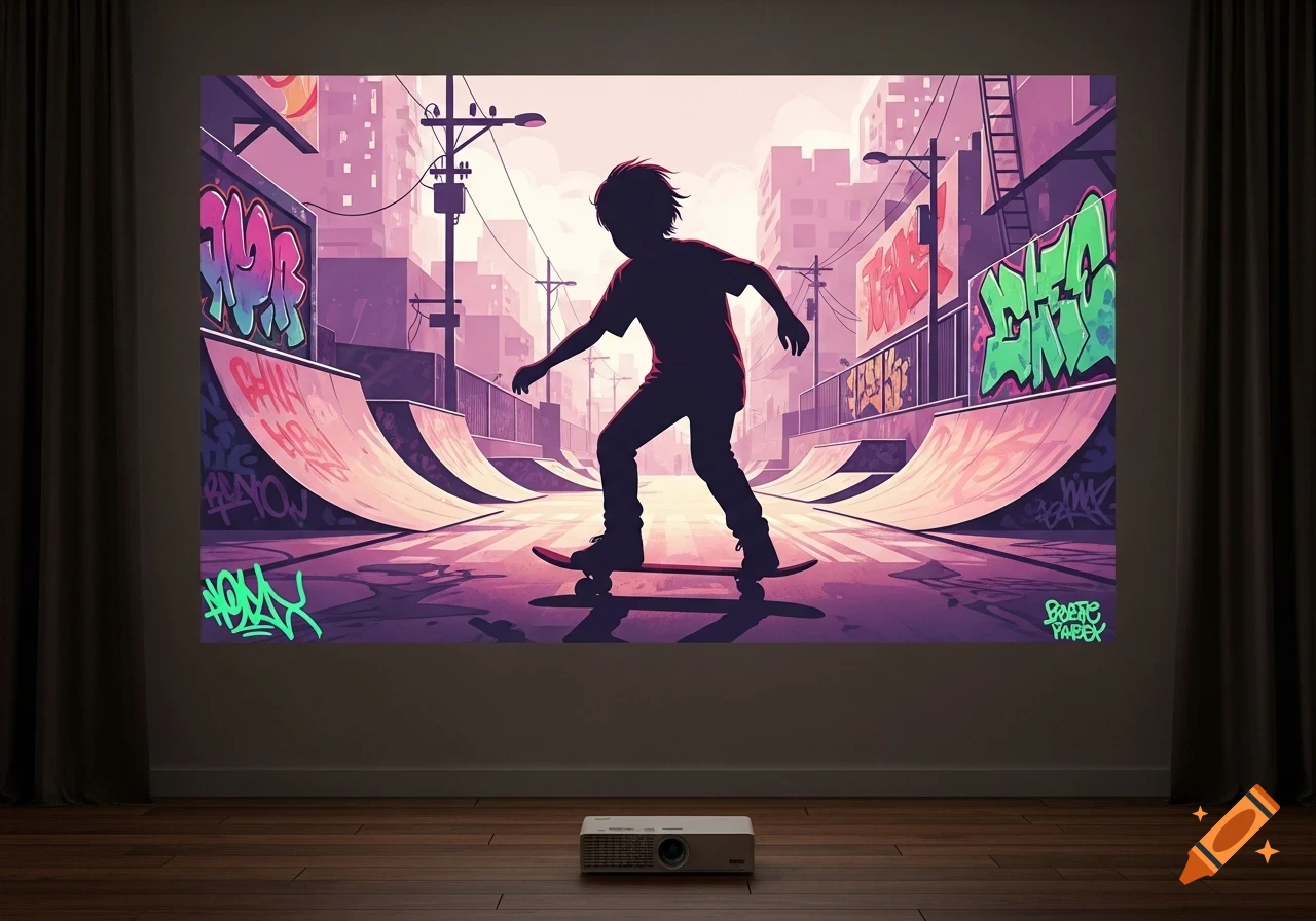 A stylized illustration of a child's silhouette skateboarding in an urban skate park with purple and pink tones and graffiti.