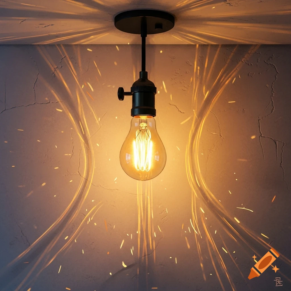A glowing vintage light bulb hangs from the ceiling, casting intricate light patterns and sparks onto a textured wall in a generative art style.