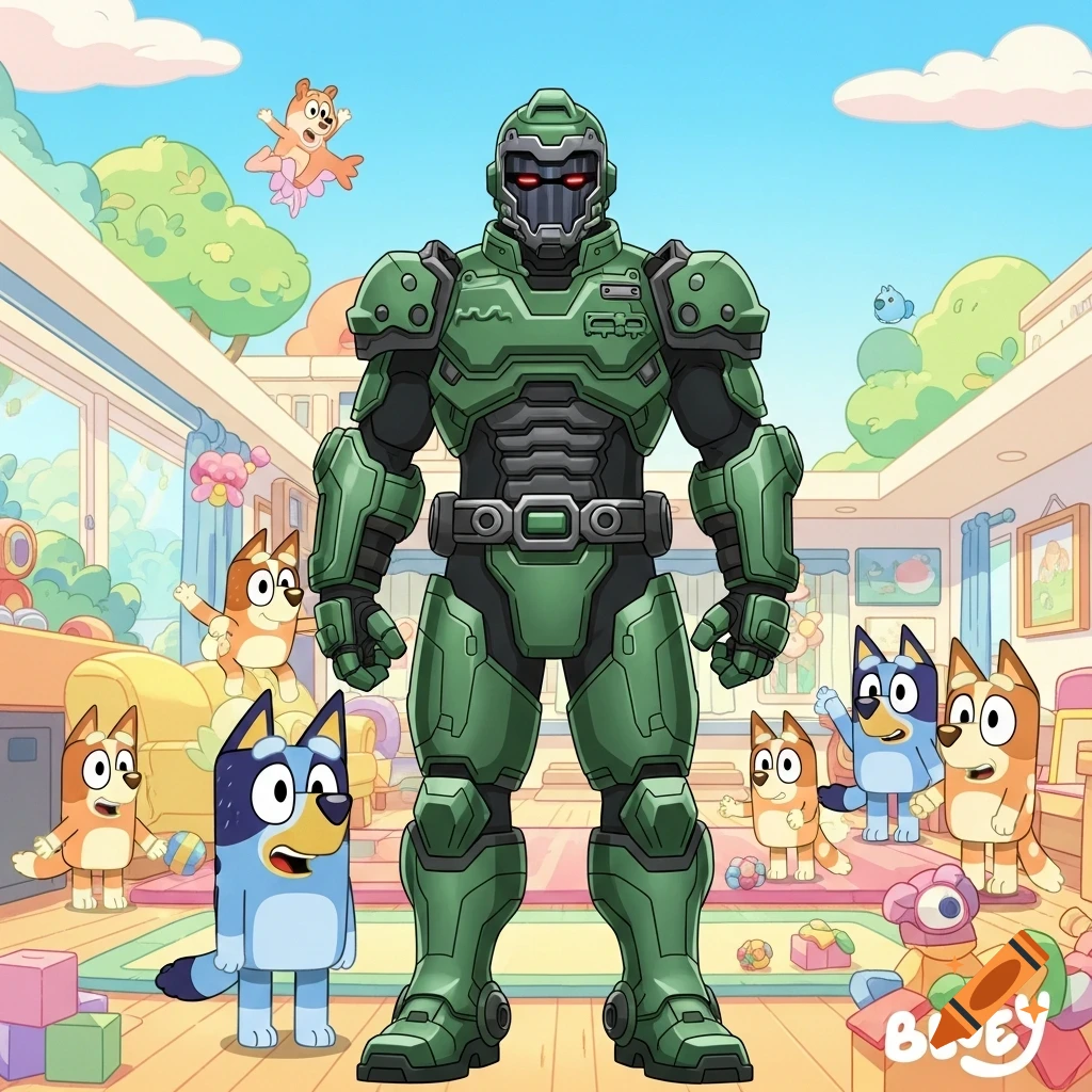 The Doom Slayer stands in a cartoon Bluey living room with Bluey and other dog characters.