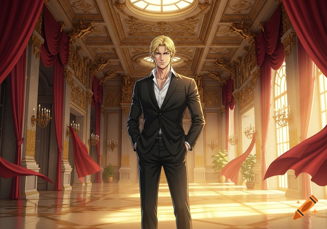 An anime-style man with blonde hair and a black suit stands in a lavish, gold-decorated hall with red curtains.