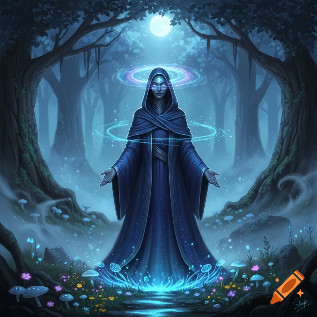 A hooded figure in dark blue robes stands in a mystical blue-lit forest, surrounded by glowing rings and bioluminescent plants.