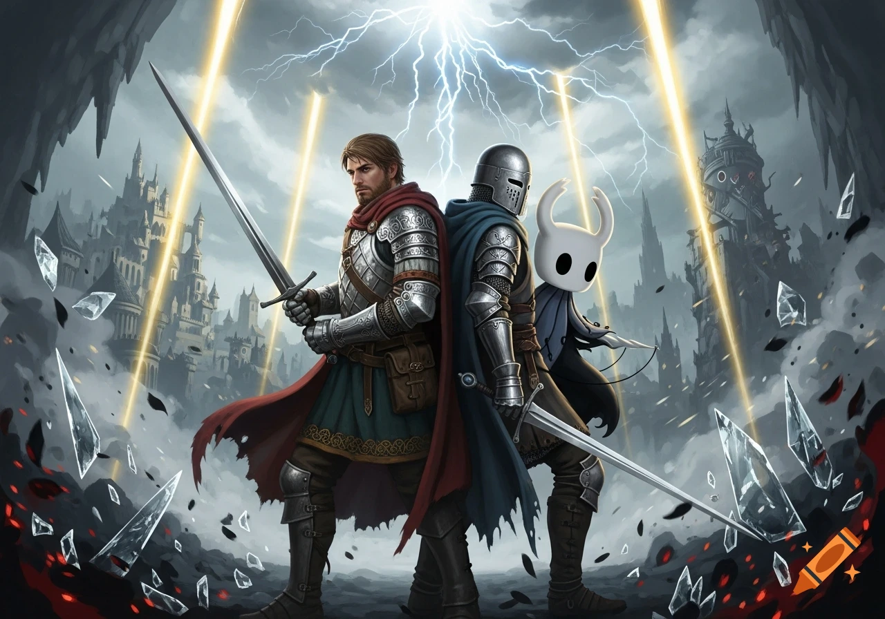 A knight and a Hollow Knight character stand back-to-back with swords, against a stormy castle background with lightning.