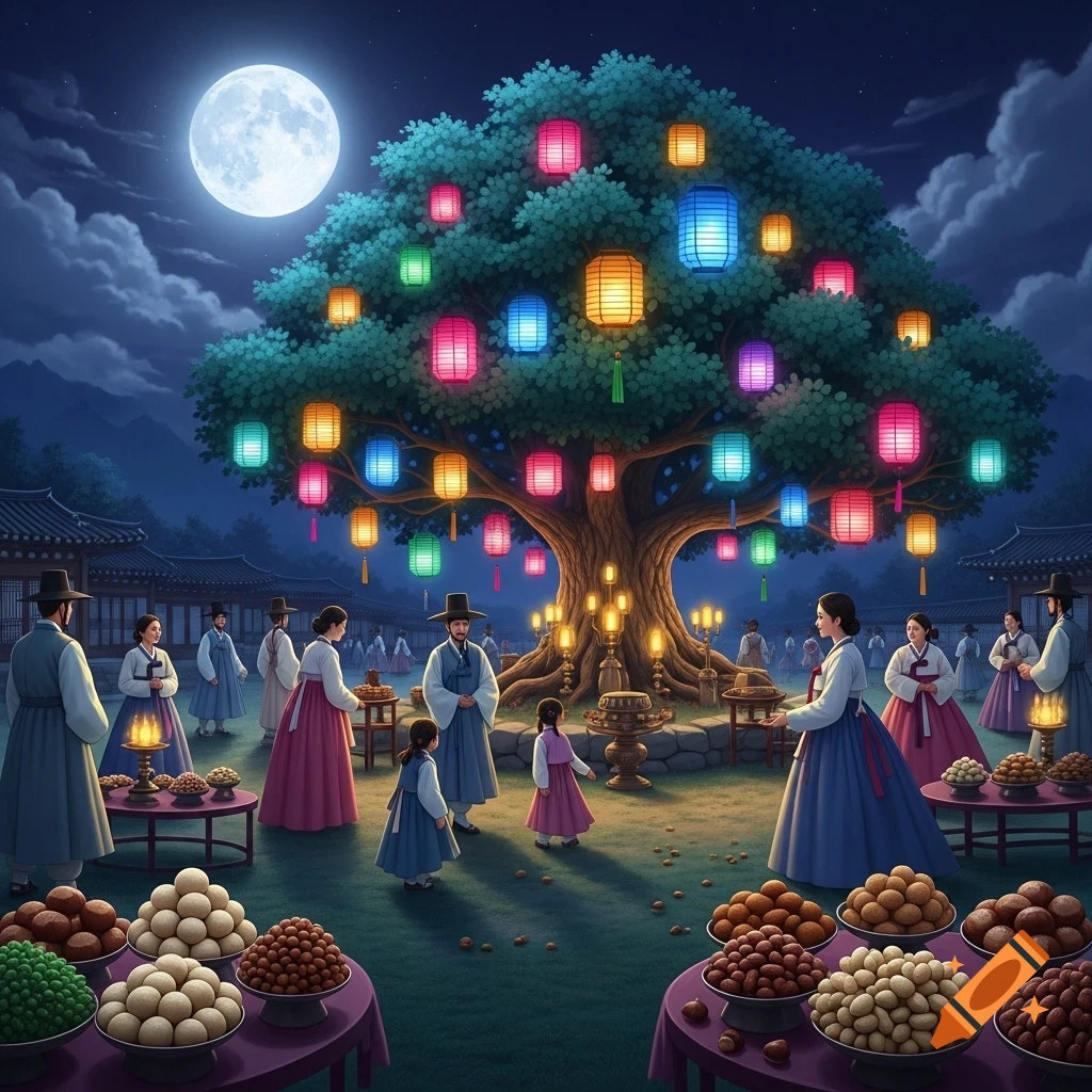 A vibrant night festival scene with people in traditional Korean hanbok gathered around a large tree adorned with colorful lanterns under a bright full moon, with tables of food in the foreground.