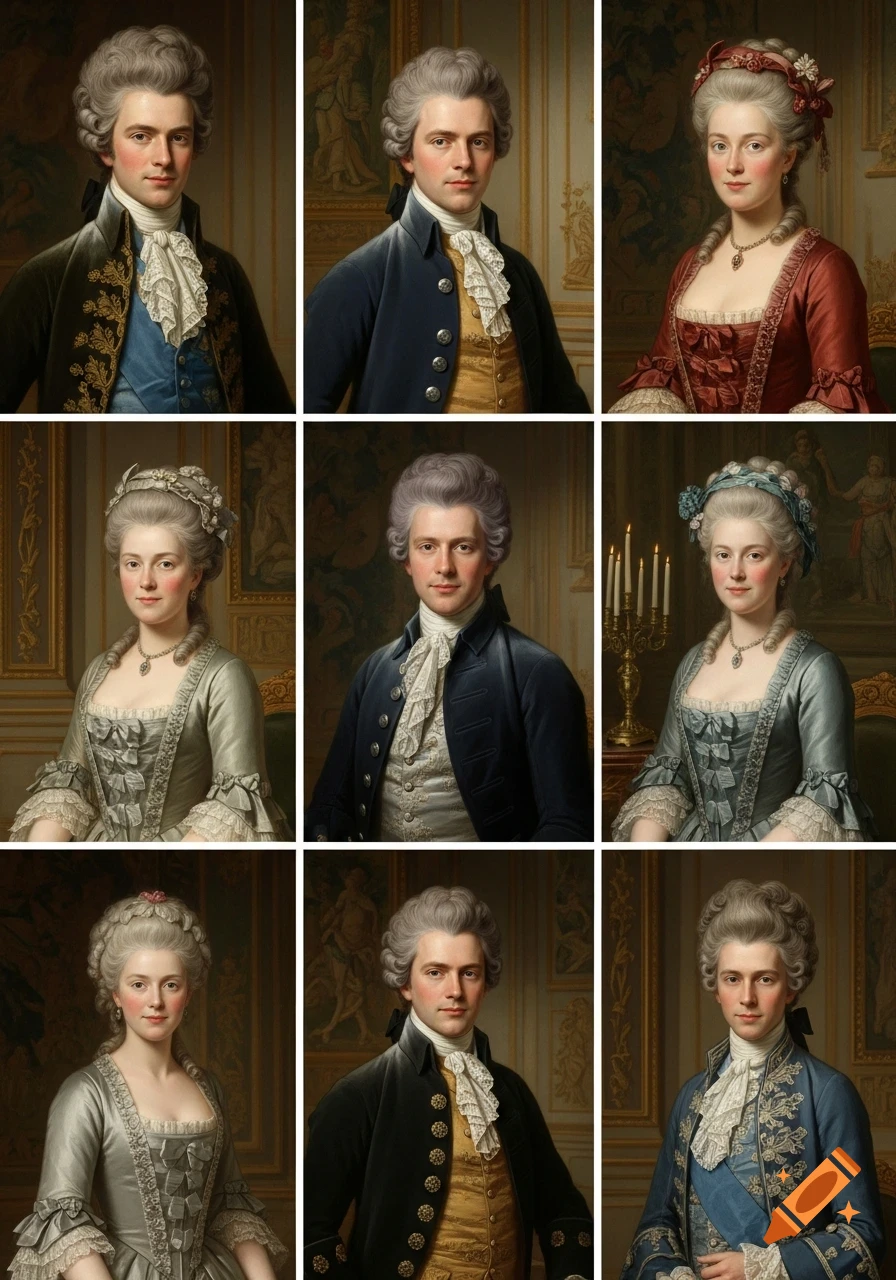 Nine 18th-century noble portraits in a rococo style, featuring men and women with powdered wigs.