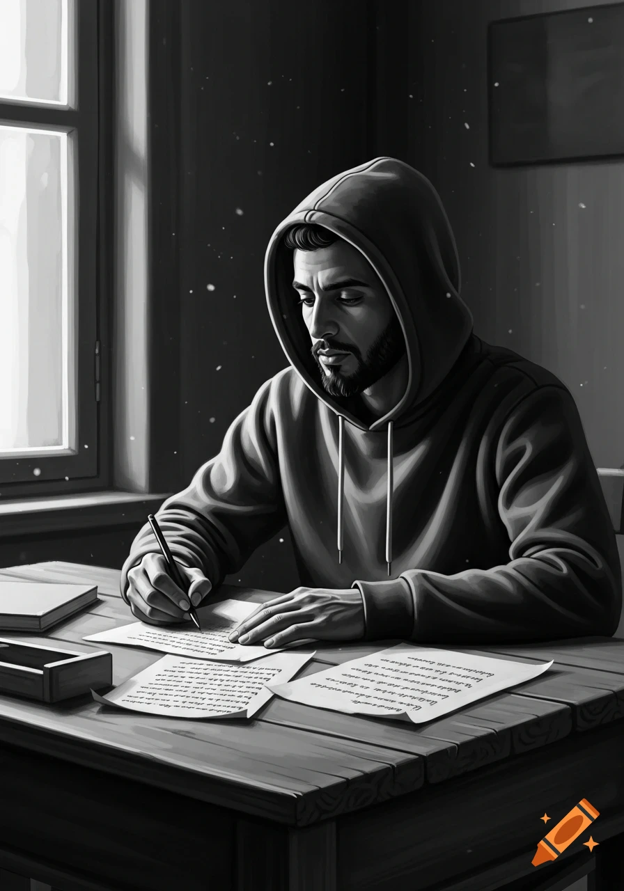 A man in a hooded sweatshirt writes on papers at a wooden desk by a window in a black and white illustration.