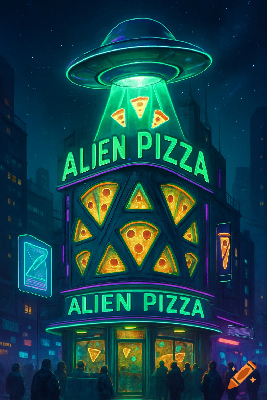 Neon-lit futuristic Alien Pizza shop at night, with a UFO hovering above, beaming down pizza slices.