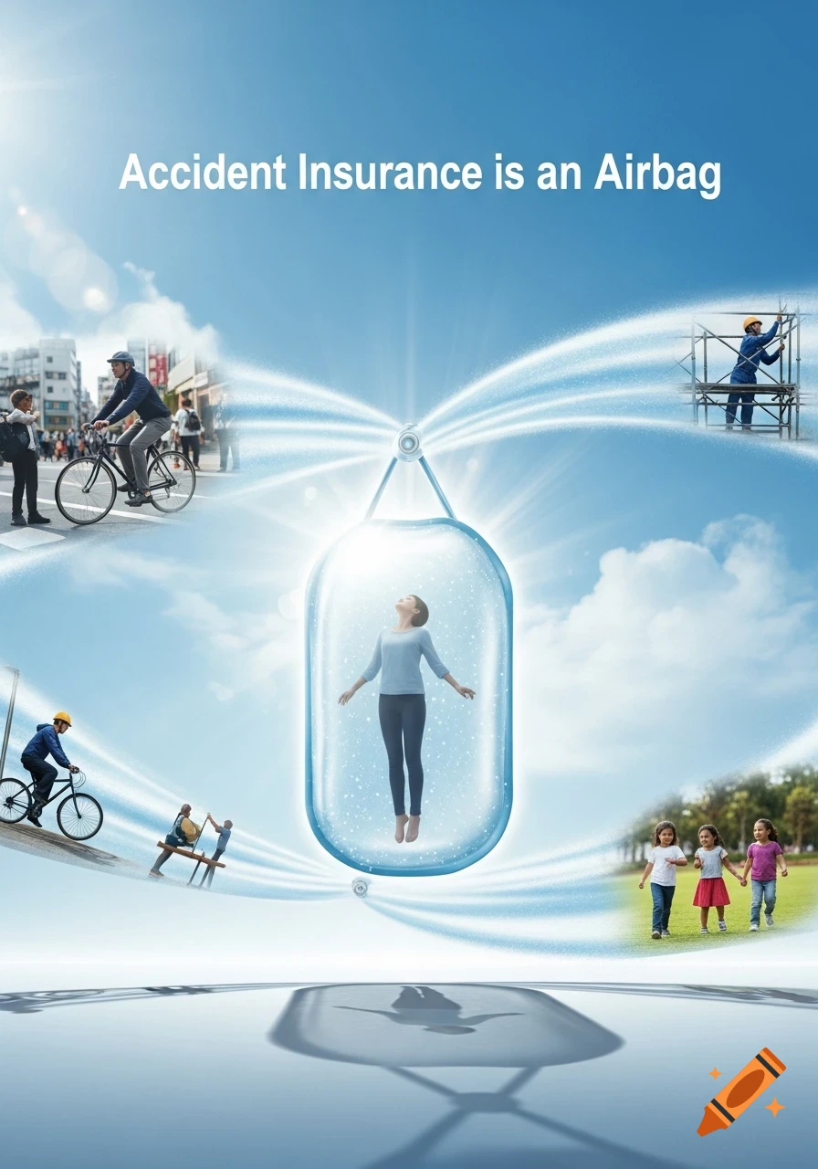 A woman floats in a protective airbag-like bubble, surrounded by daily life scenes including cyclists, a construction worker, and children, under a clear blue sky.