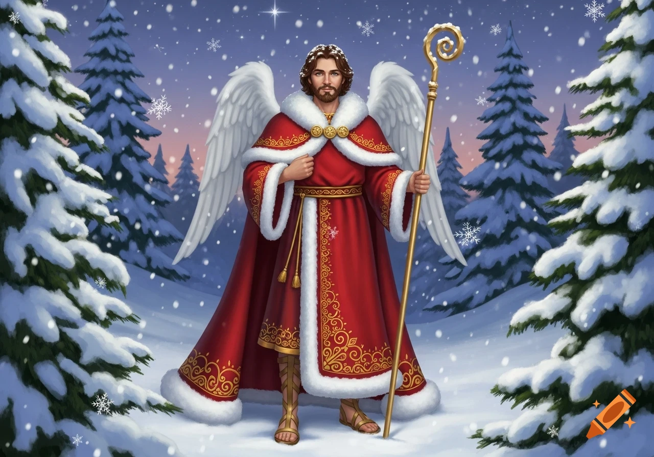 A winged male figure in a red, fur-trimmed robe and sandals holds a golden staff in a snowy winter forest with falling snow.