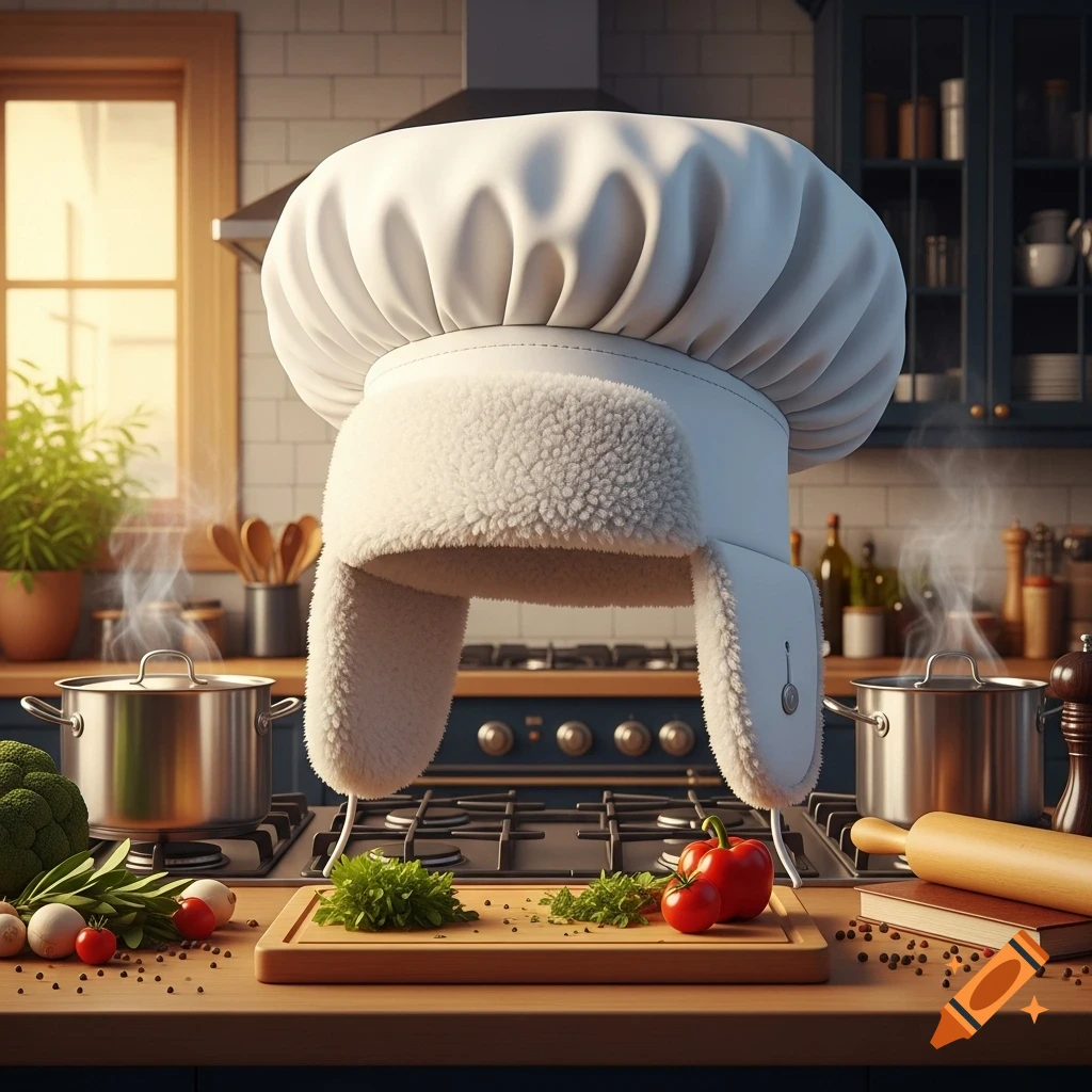 A white chef's toque hat with fluffy ear flaps is suspended over a kitchen counter with vegetables, pots, and a stove.