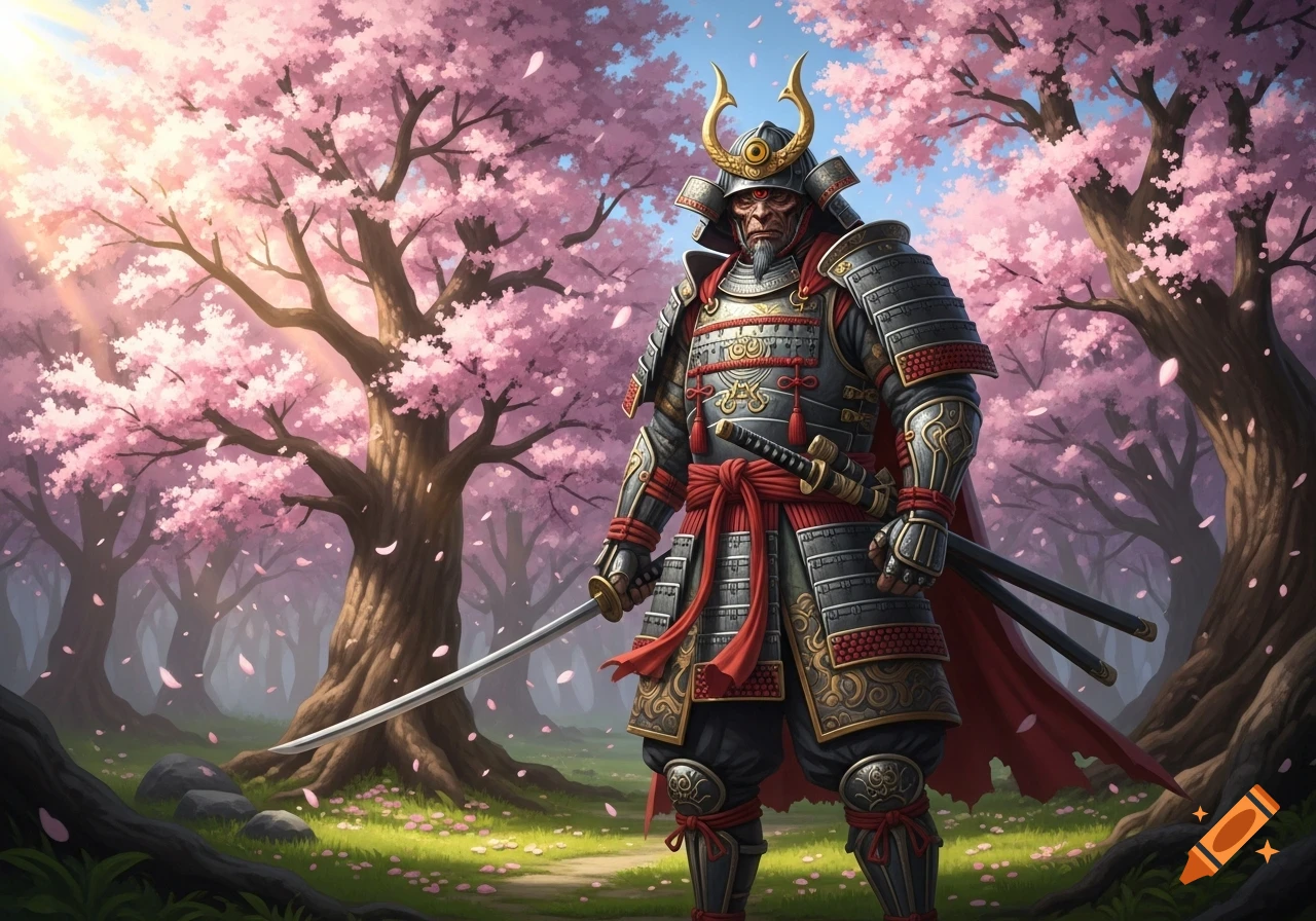 A heavily armored samurai stands with a sword amidst a vibrant cherry blossom forest with pink petals falling.