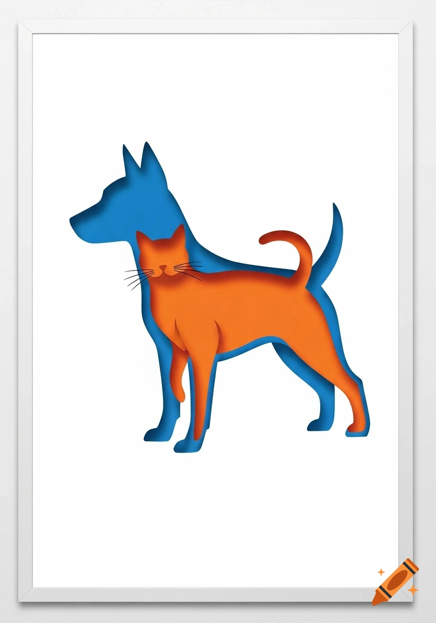 Stylized paper-cut art of an orange cat inside a blue dog silhouette, with a white frame.