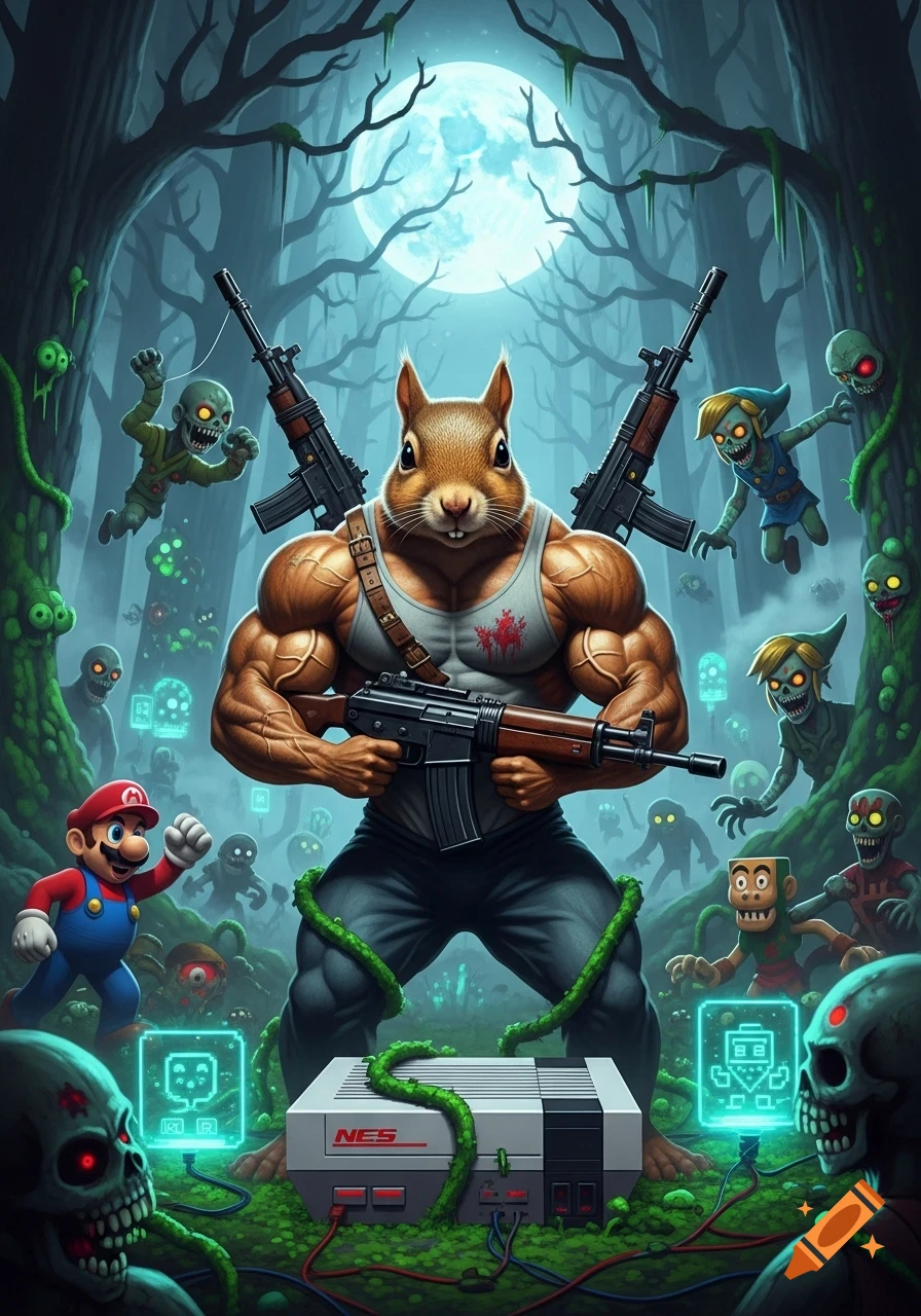 A muscular squirrel holds an assault rifle in a dark, moonlit forest, surrounded by zombie Nintendo characters and an NES console.