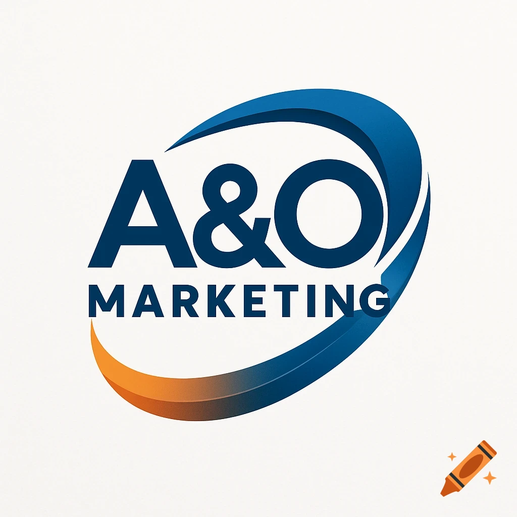Logo for A&O MARKETING with a blue and orange swoosh design.
