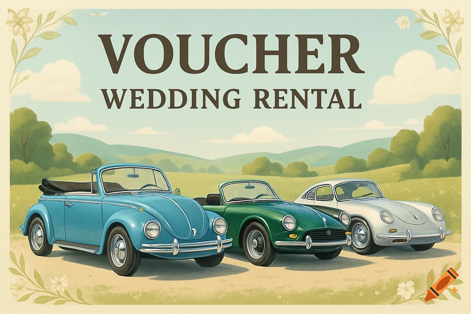 A vintage illustration of a wedding car rental voucher featuring a blue Beetle, green Triumph, and silver Porsche 356 cars in a field.