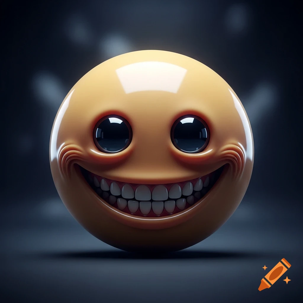 A creepy, realistic 3D emoji with wide, dark eyes and a large, toothy grin on a dark, reflective surface.